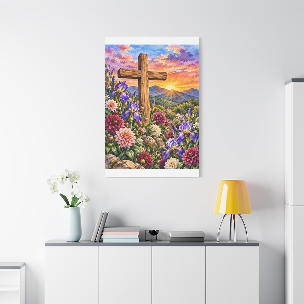 Sunrise Cross Canvas Wall Art — Floral Christian Decor