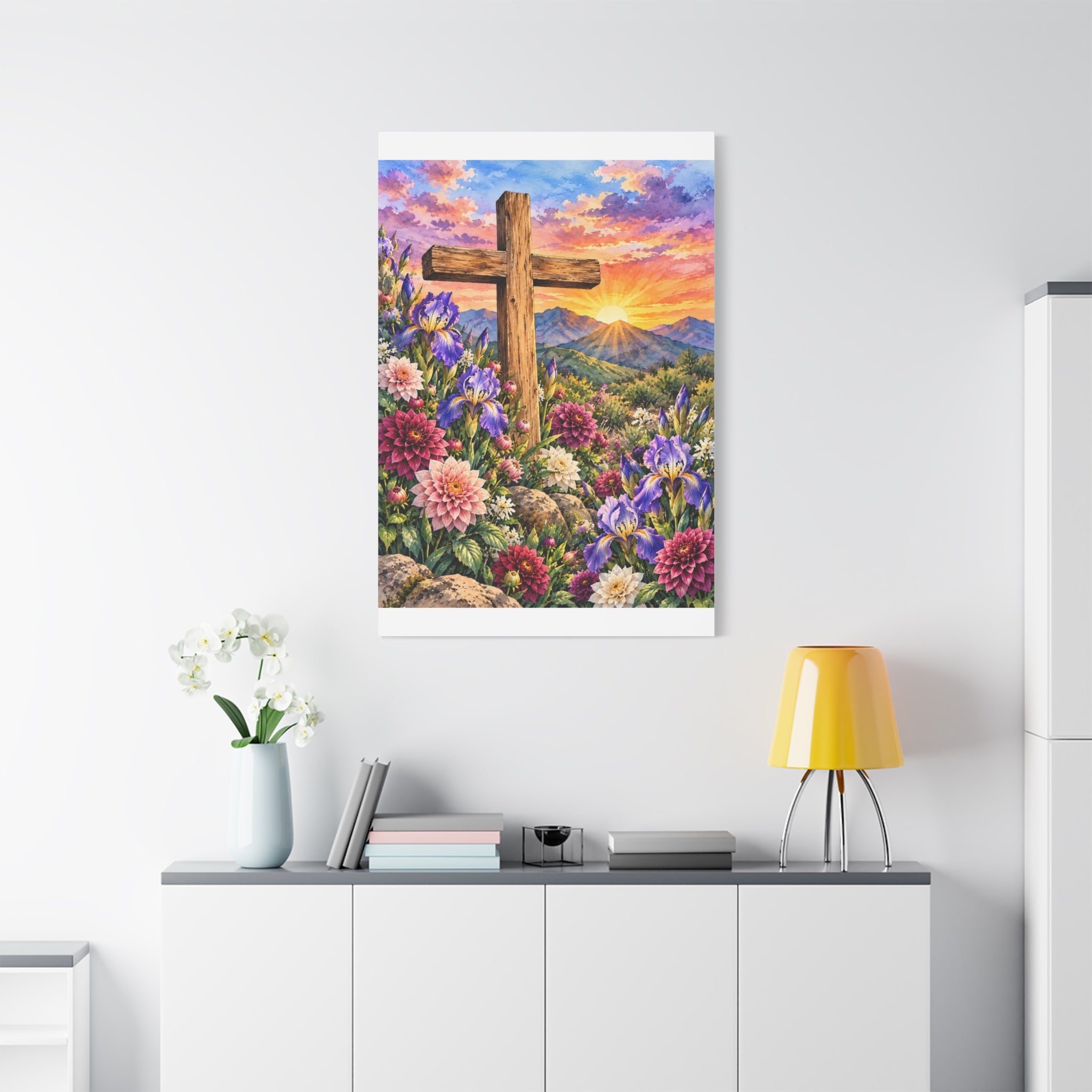Sunrise Cross Canvas Wall Art — Floral Christian Decor