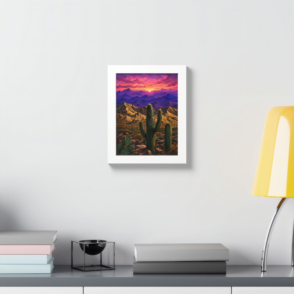 Desert Sunset Framed Poster — Saguaro Cactus Landscape Wall Art