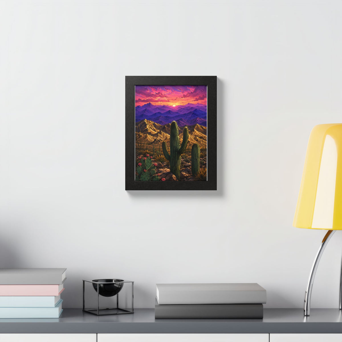 Desert Sunset Framed Poster — Saguaro Cactus Landscape Wall Art