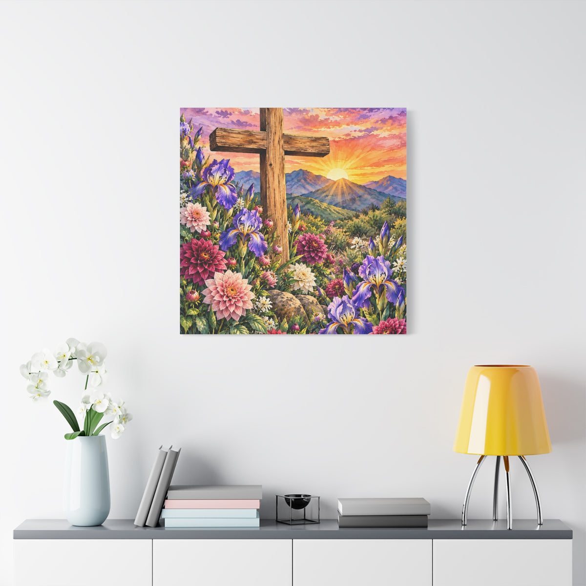 Sunrise Cross Canvas Wall Art — Floral Christian Decor