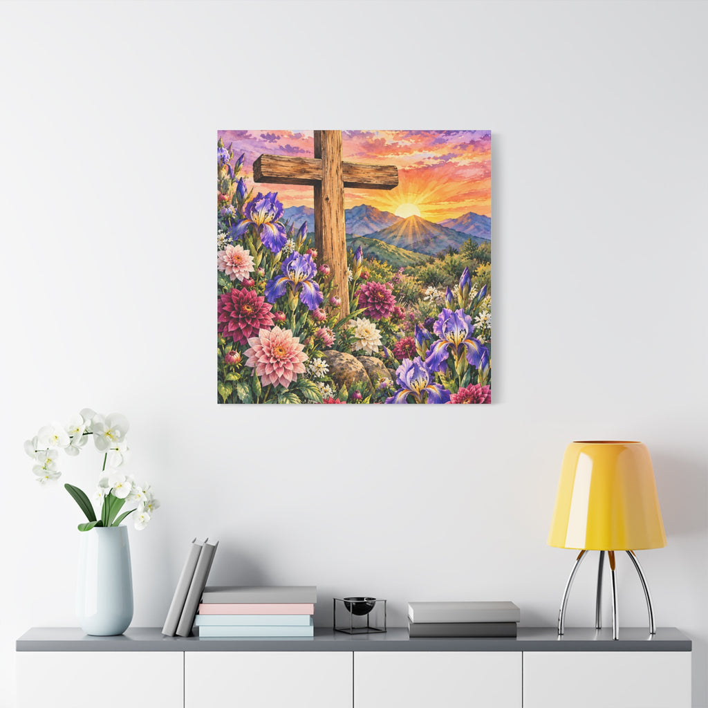 Sunrise Cross Canvas Wall Art — Floral Christian Decor