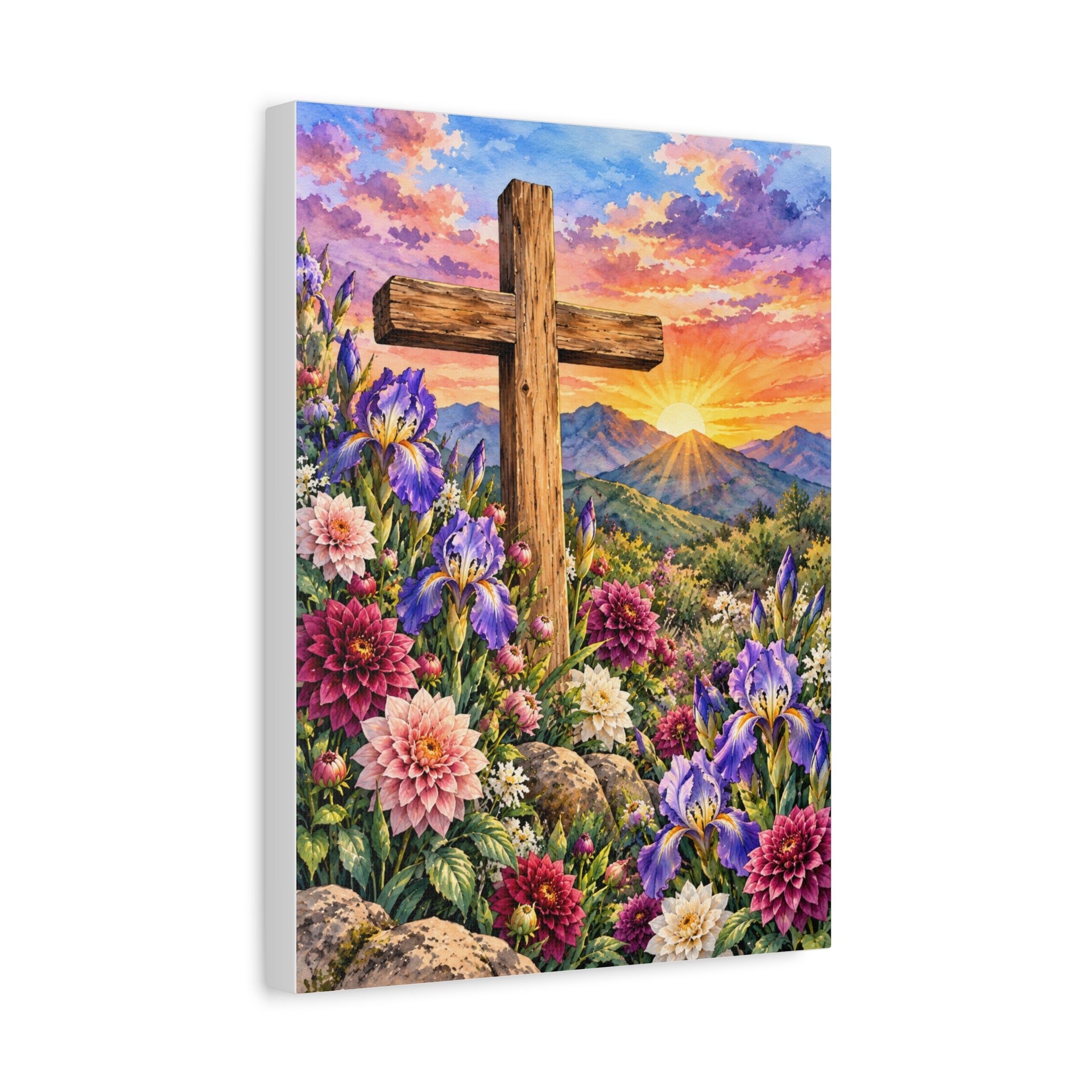 Sunrise Cross Canvas Wall Art — Floral Christian Decor