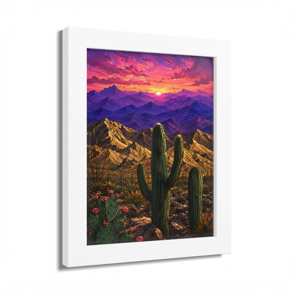 Desert Sunset Framed Poster — Saguaro Cactus Landscape Wall Art