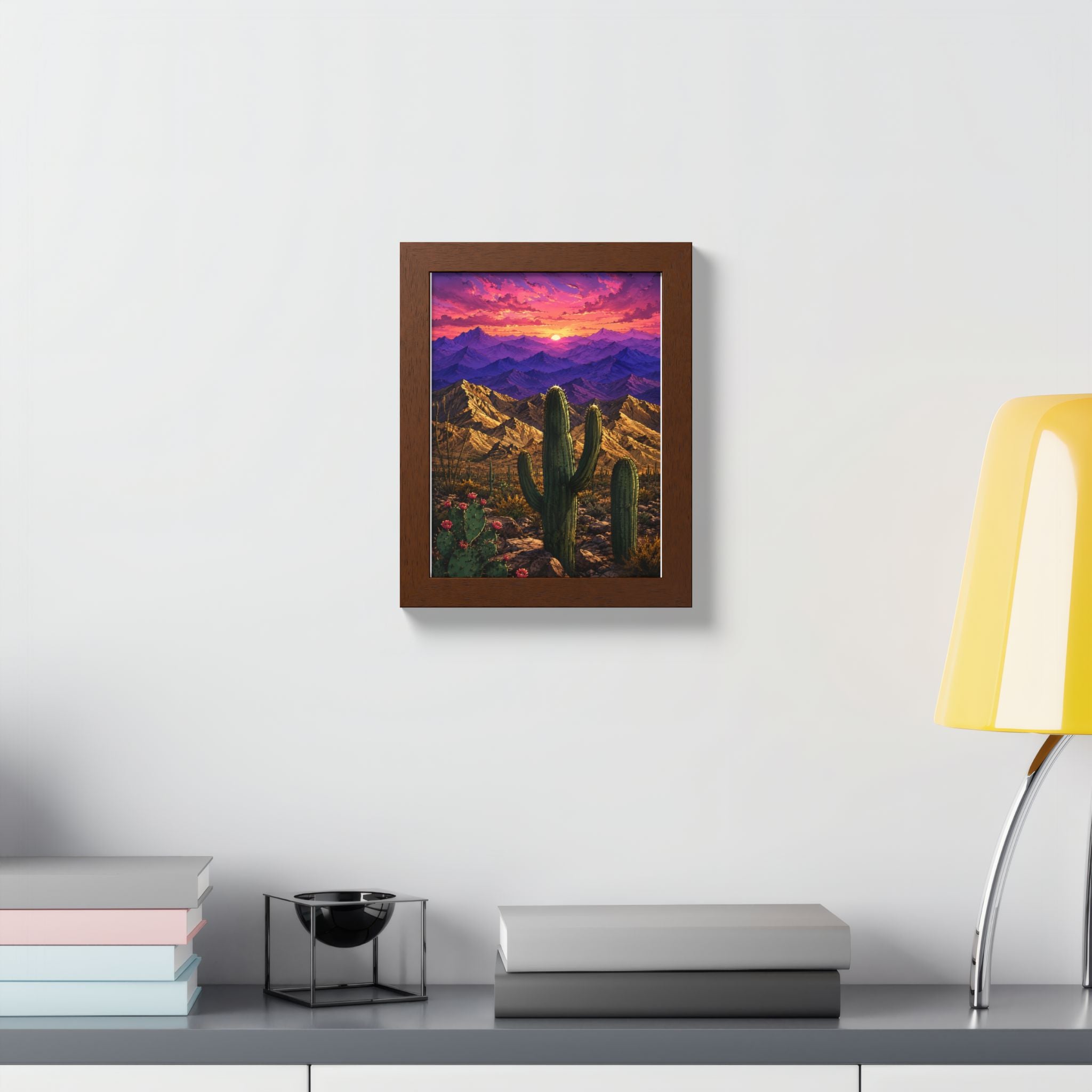 Desert Sunset Framed Poster — Saguaro Cactus Landscape Wall Art
