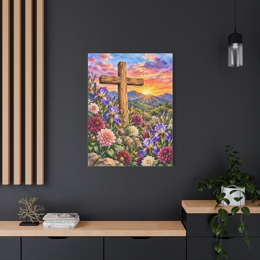 Sunrise Cross Canvas Wall Art — Floral Christian Decor