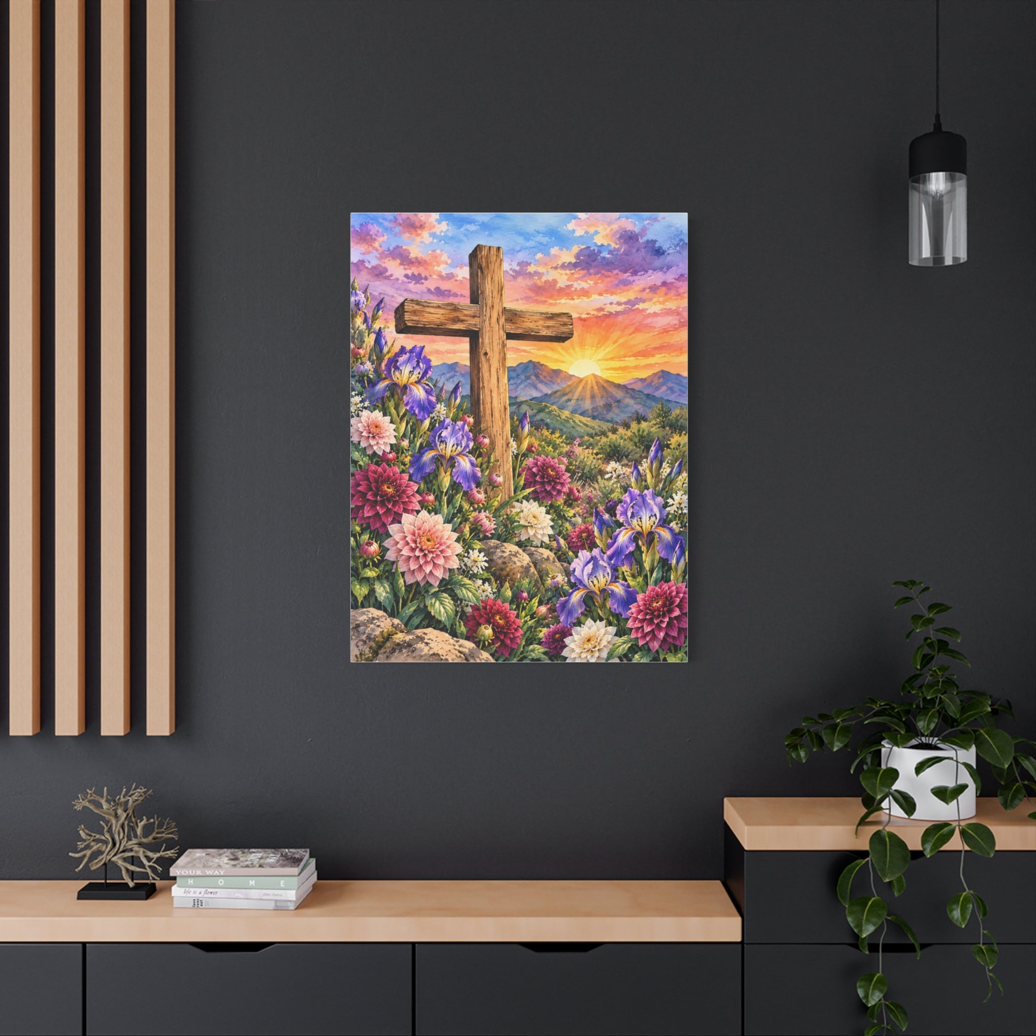 Sunrise Cross Canvas Wall Art — Floral Christian Decor