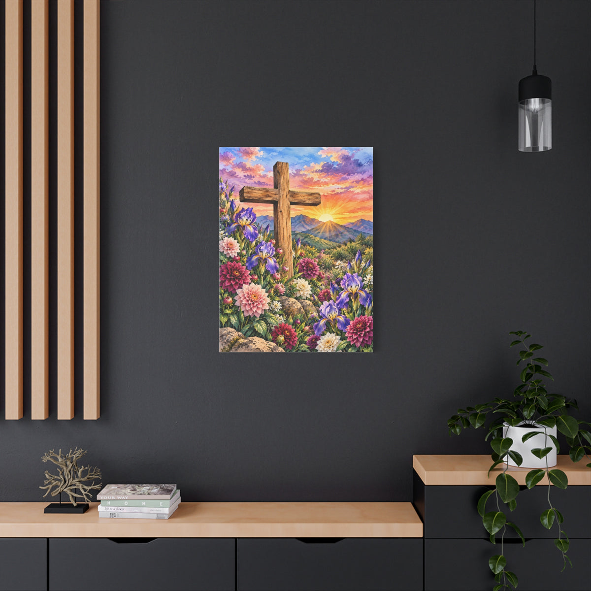 Sunrise Cross Canvas Wall Art — Floral Christian Decor