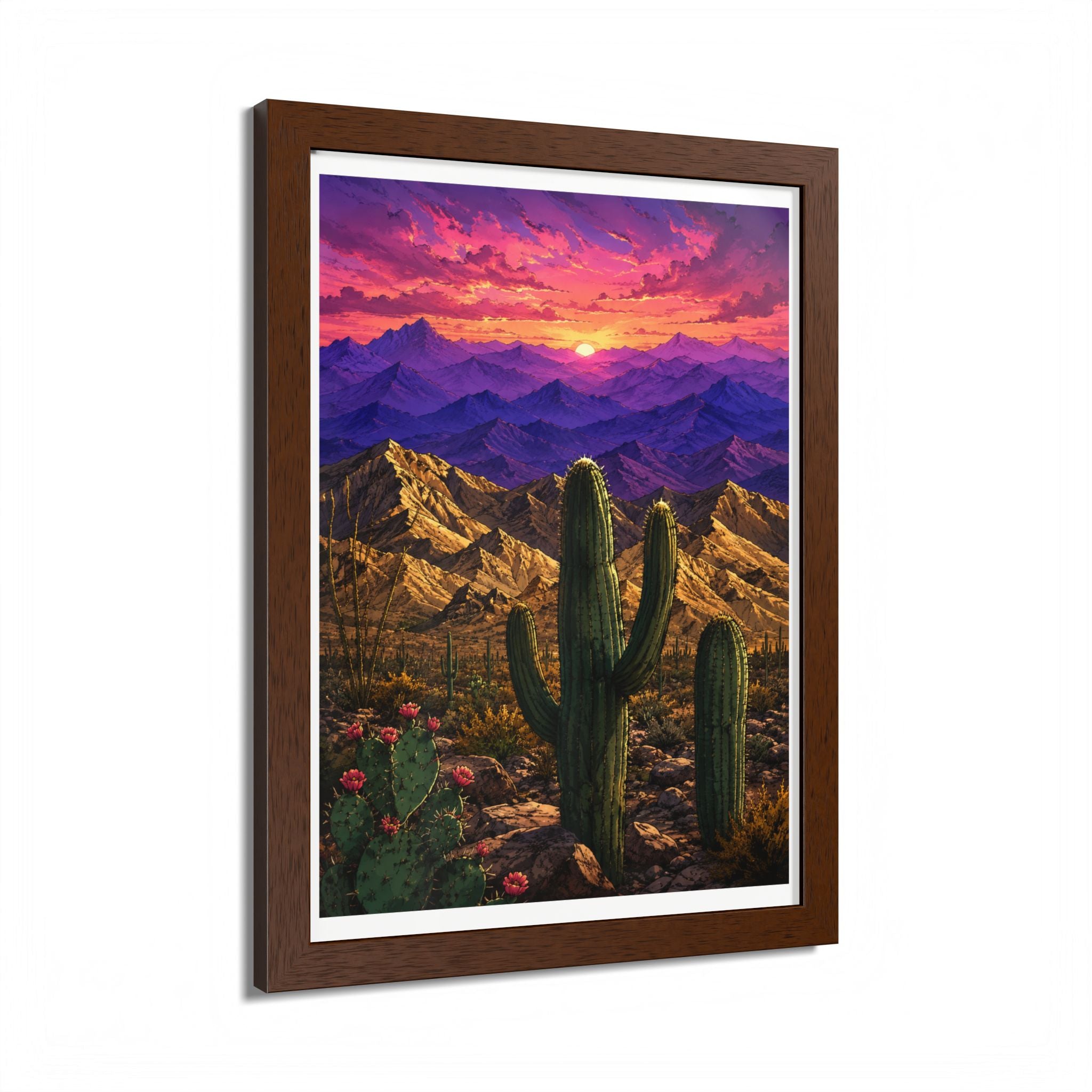 Desert Sunset Framed Poster — Saguaro Cactus Landscape Wall Art