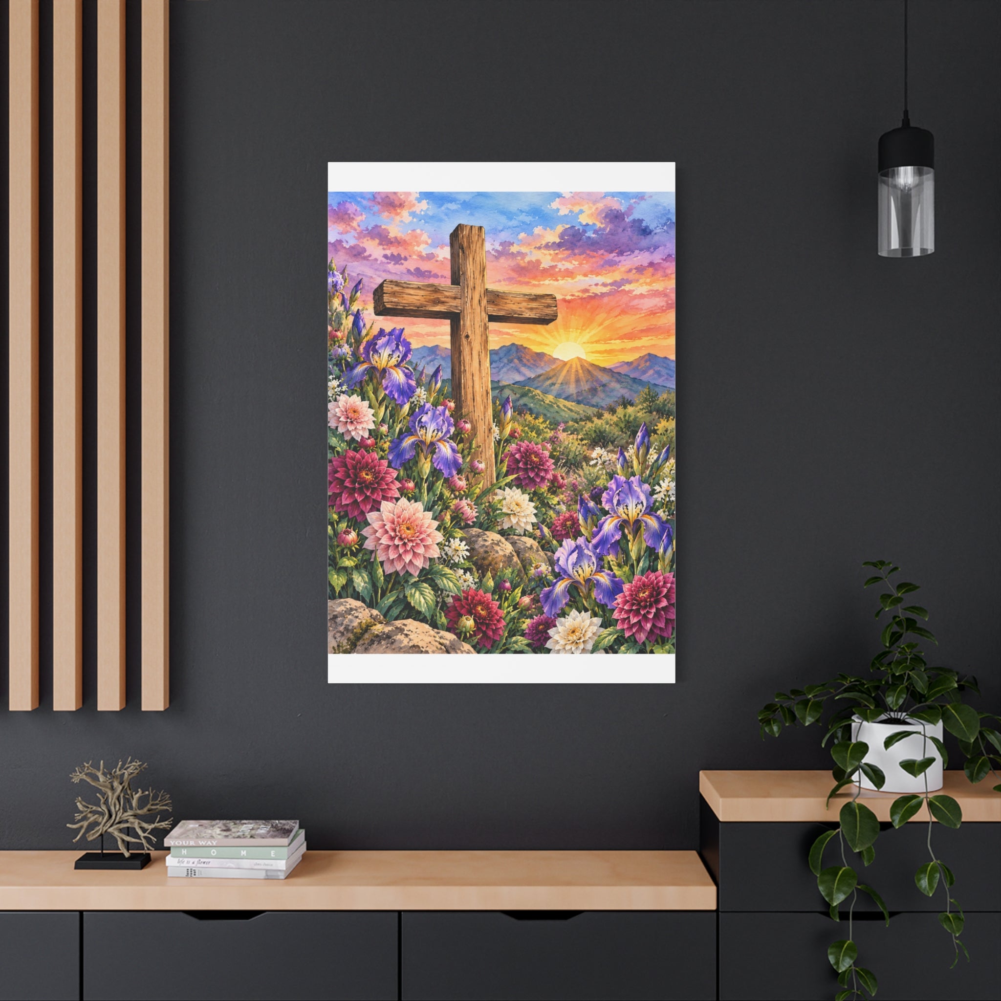 Sunrise Cross Canvas Wall Art — Floral Christian Decor