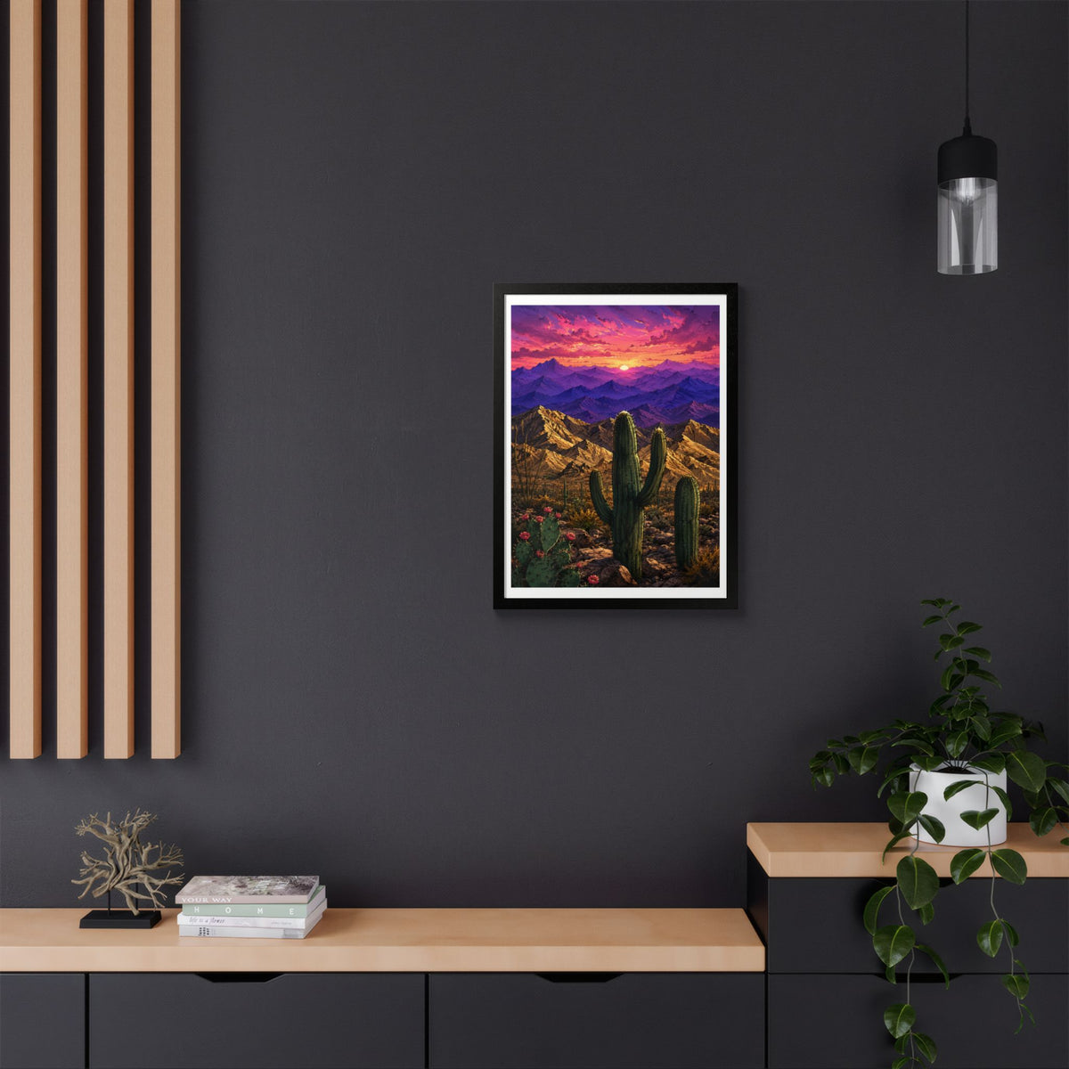 Desert Sunset Framed Poster — Saguaro Cactus Landscape Wall Art