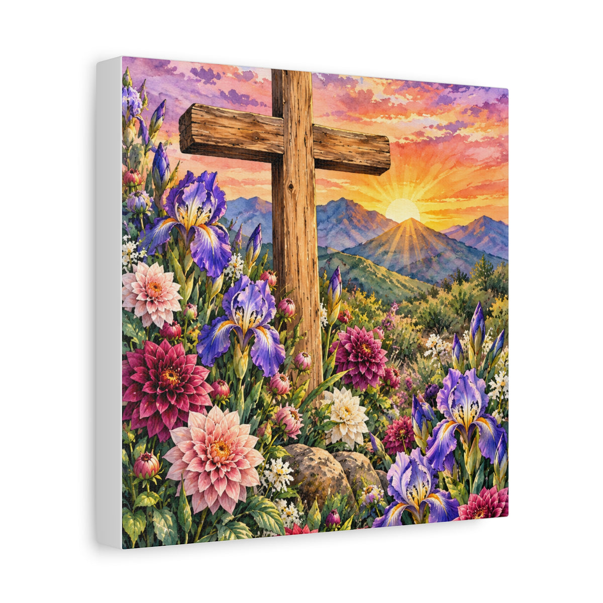 Sunrise Cross Canvas Wall Art — Floral Christian Decor