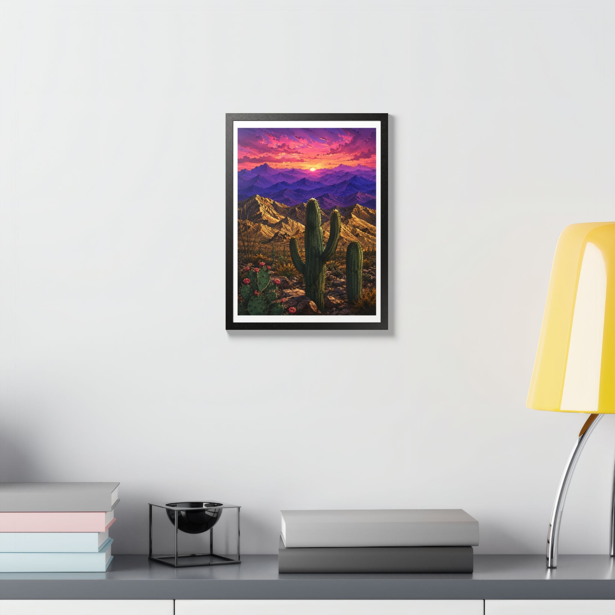 Desert Sunset Framed Poster — Saguaro Cactus Landscape Wall Art