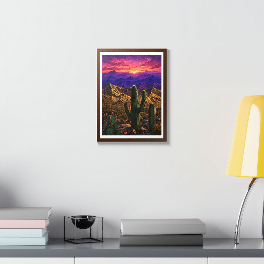 Desert Sunset Framed Poster — Saguaro Cactus Landscape Wall Art