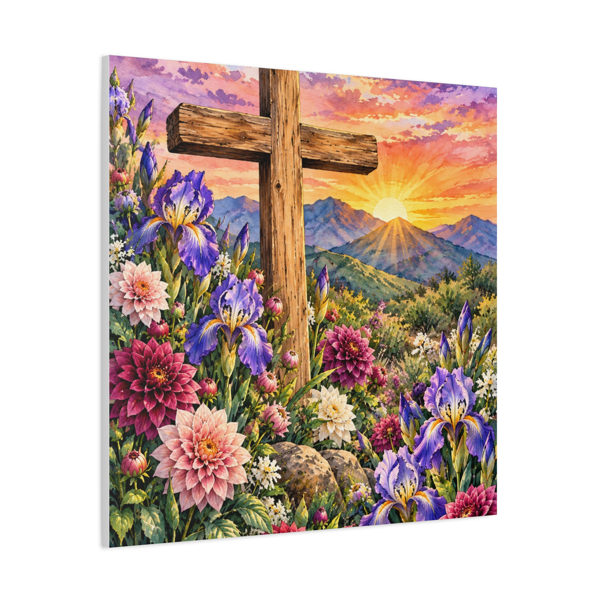 Sunrise Cross Canvas Wall Art — Floral Christian Decor