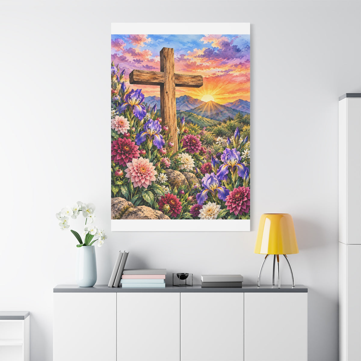 Sunrise Cross Canvas Wall Art — Floral Christian Decor