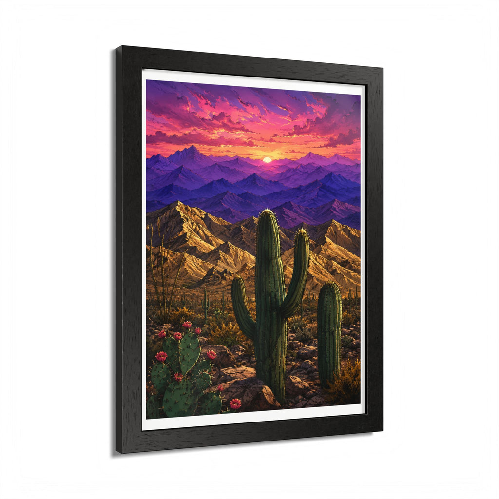 Desert Sunset Framed Poster — Saguaro Cactus Landscape Wall Art