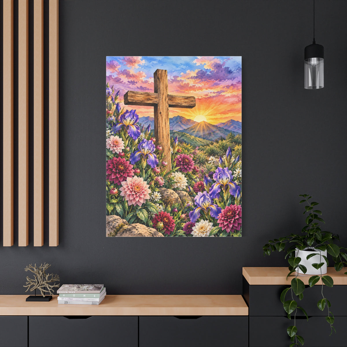 Sunrise Cross Canvas Wall Art — Floral Christian Decor
