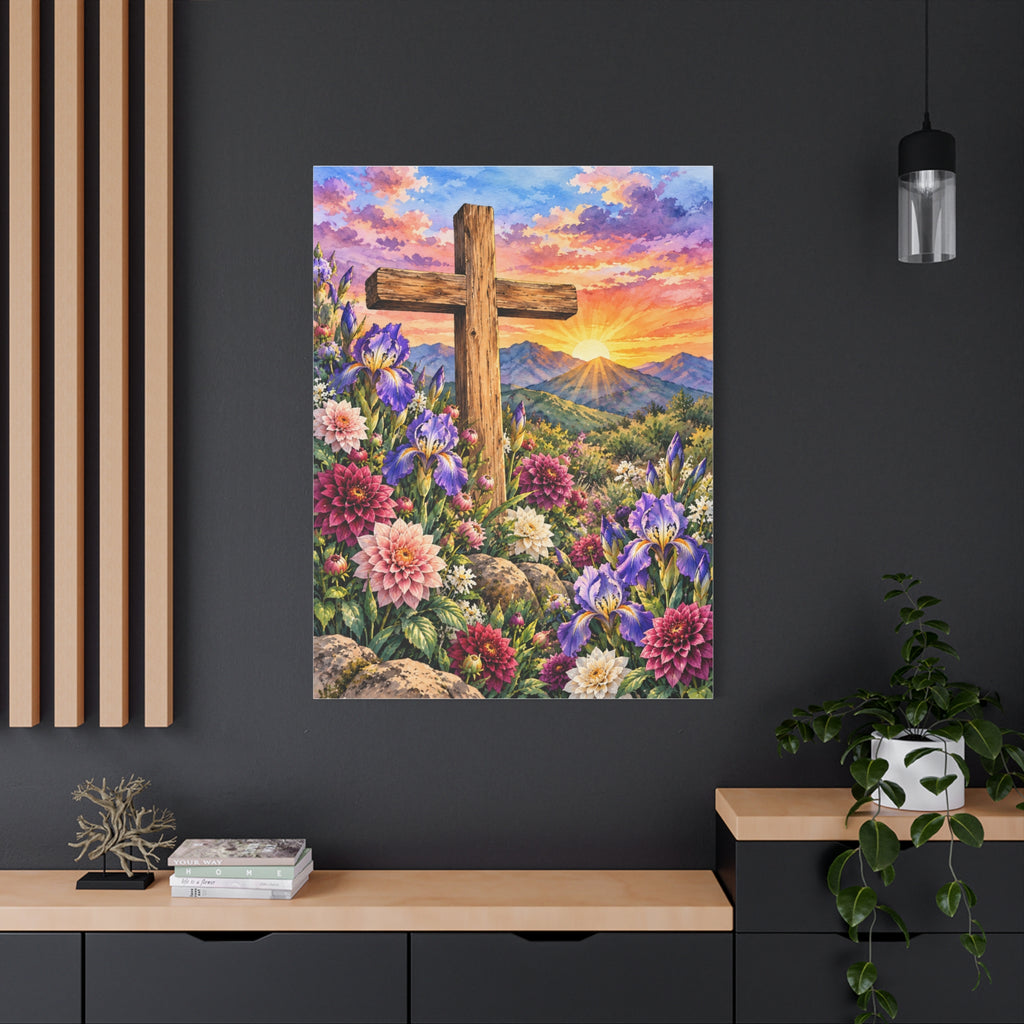 Sunrise Cross Canvas Wall Art — Floral Christian Decor