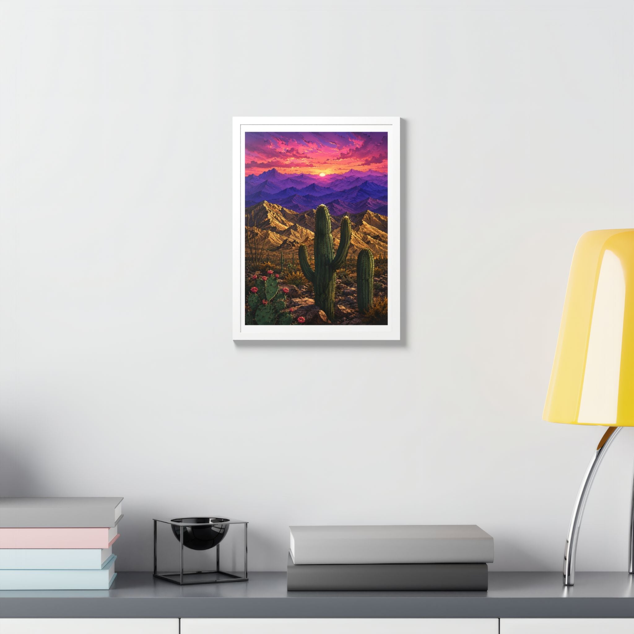 Desert Sunset Framed Poster — Saguaro Cactus Landscape Wall Art