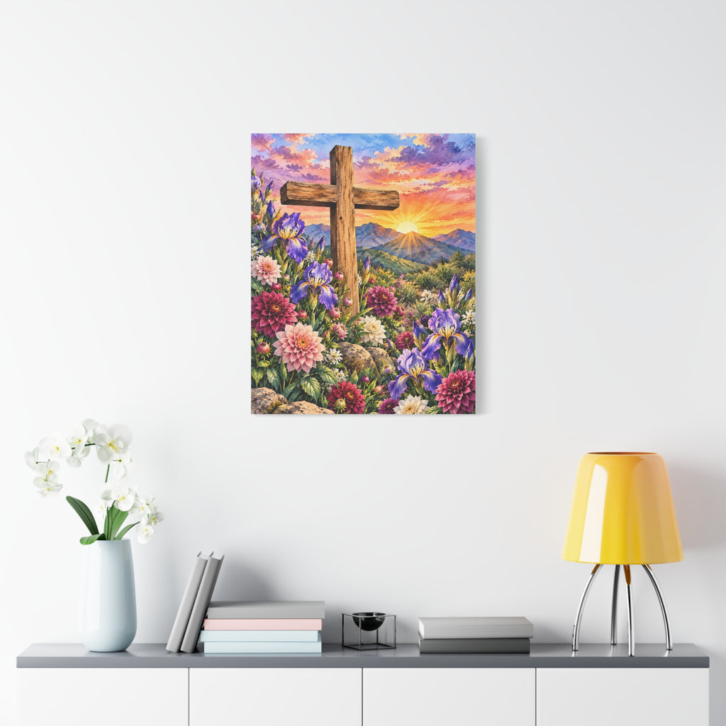 Sunrise Cross Canvas Wall Art — Floral Christian Decor