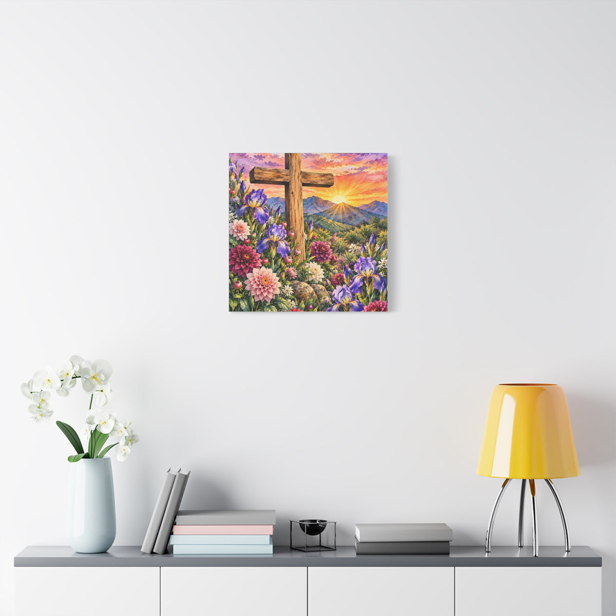 Sunrise Cross Canvas Wall Art — Floral Christian Decor