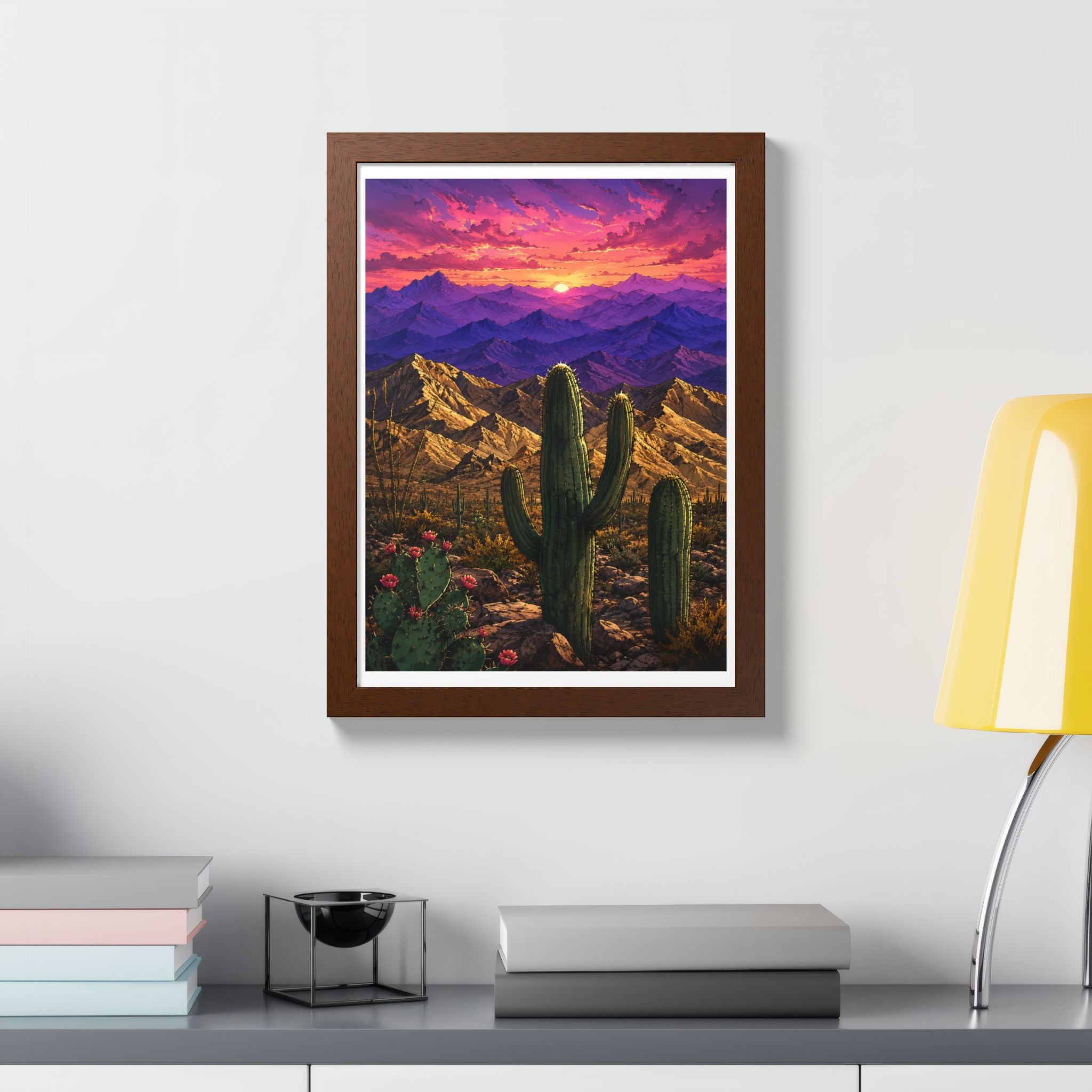 Desert Sunset Framed Poster — Saguaro Cactus Landscape Wall Art
