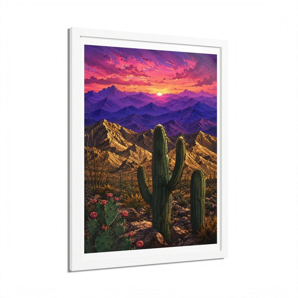 Desert Sunset Framed Poster — Saguaro Cactus Landscape Wall Art