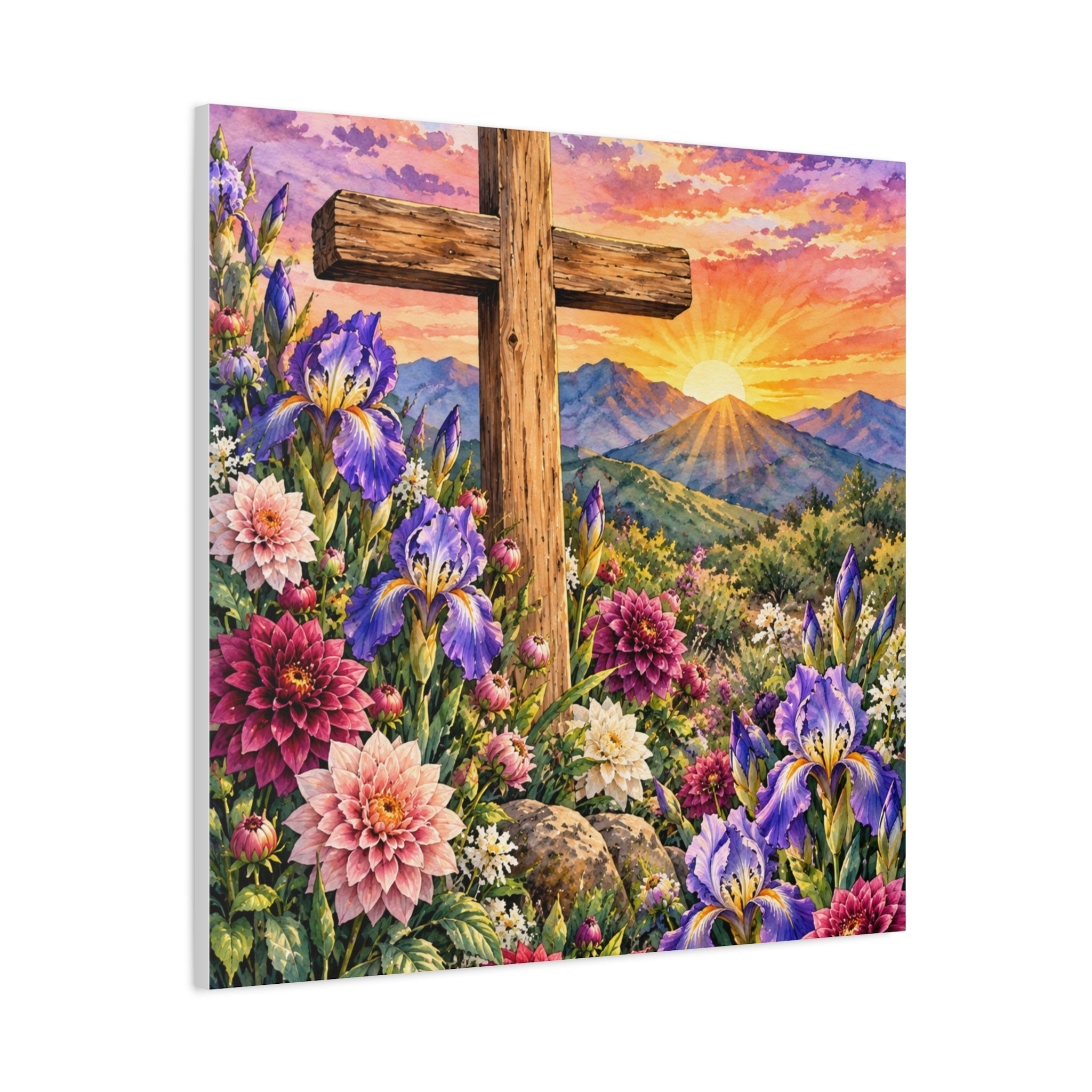 Sunrise Cross Canvas Wall Art — Floral Christian Decor