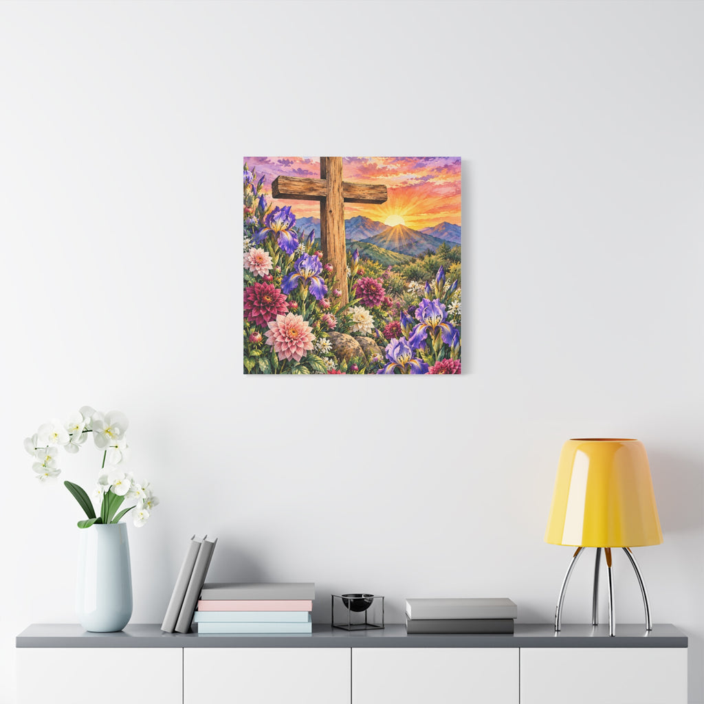 Sunrise Cross Canvas Wall Art — Floral Christian Decor