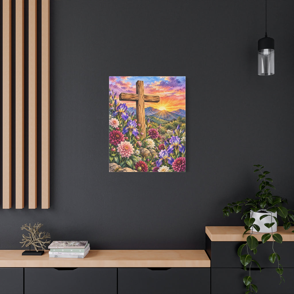 Sunrise Cross Canvas Wall Art — Floral Christian Decor