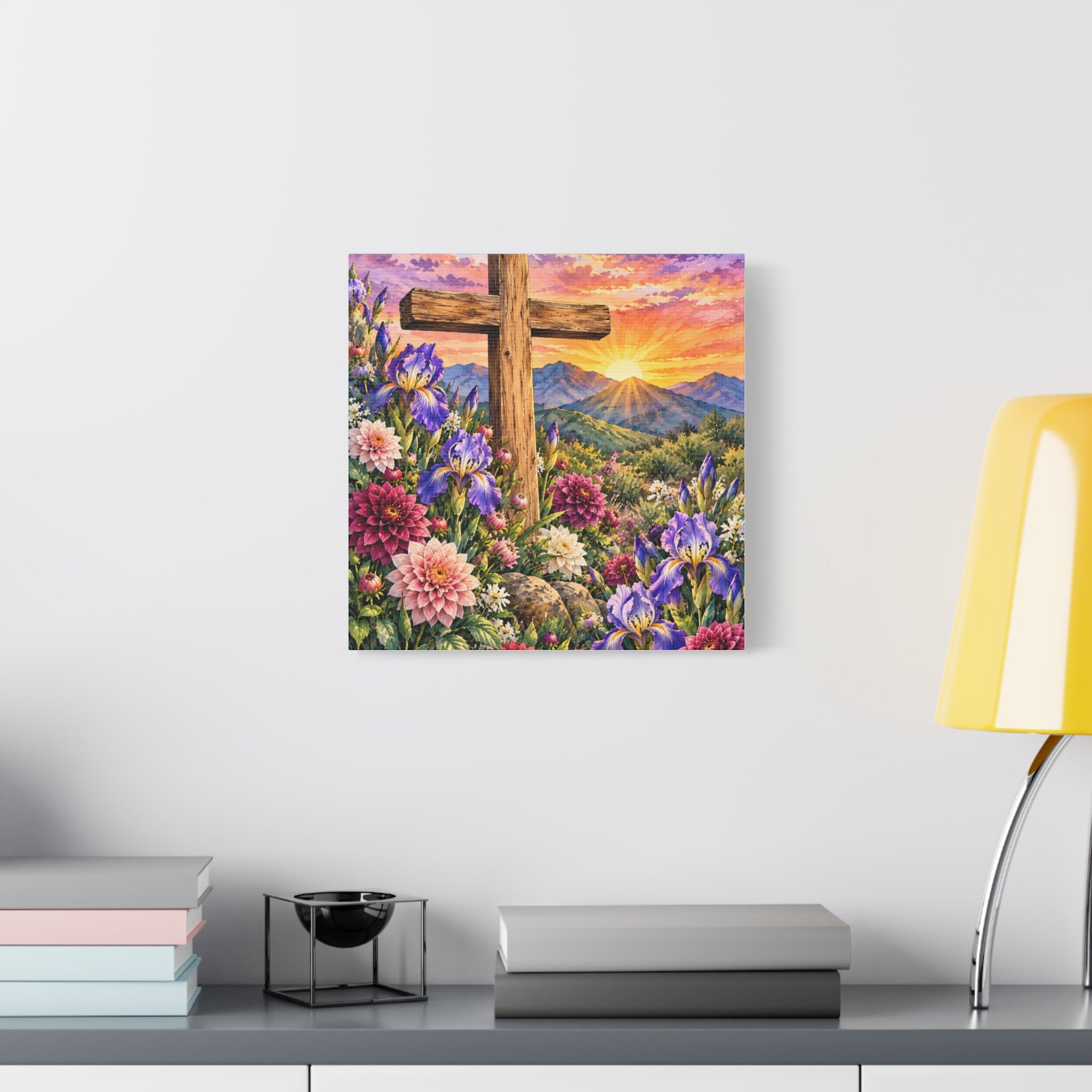 Sunrise Cross Canvas Wall Art — Floral Christian Decor