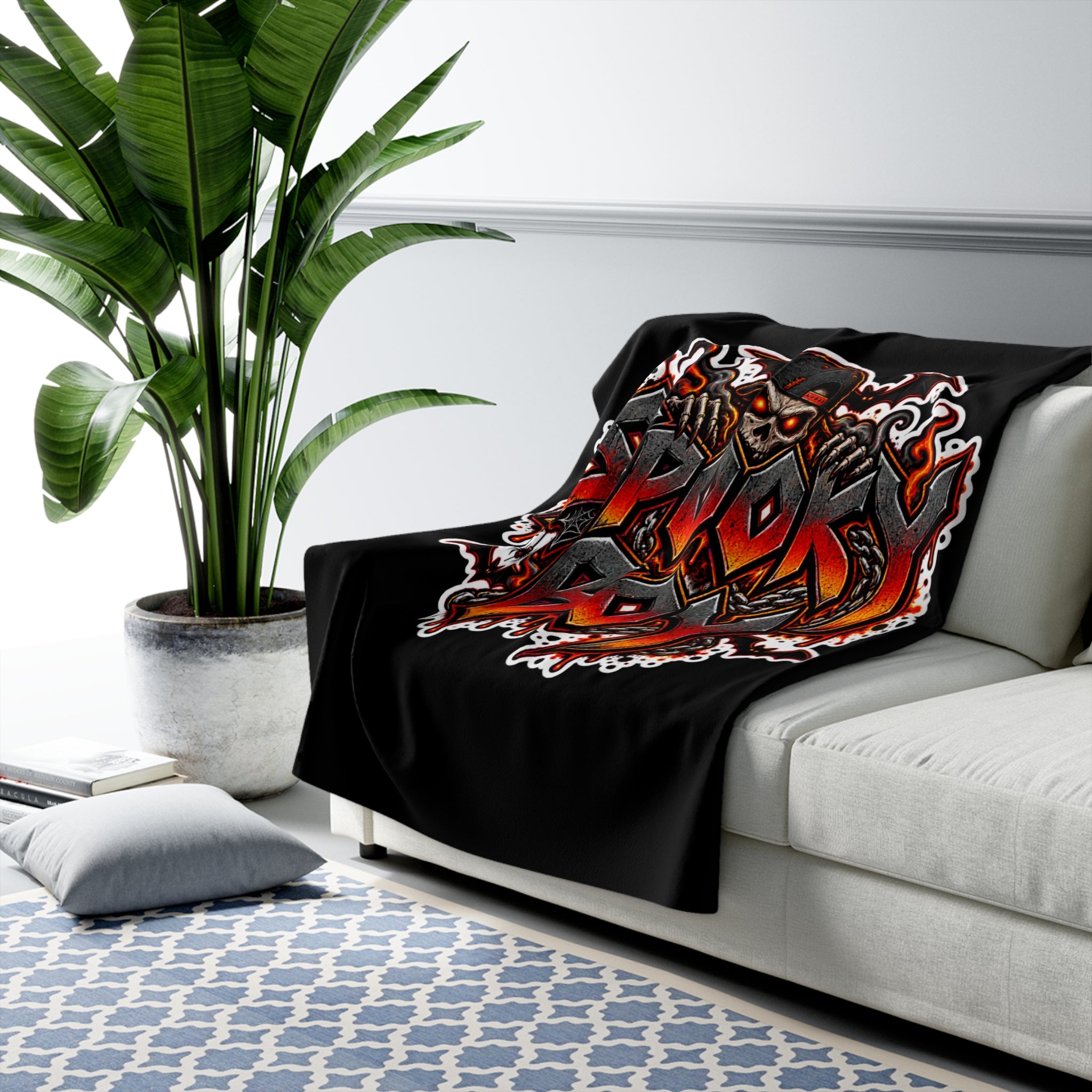Spooky Boy Sherpa Blanket — Gothic Skull & Flames Cozy Throw