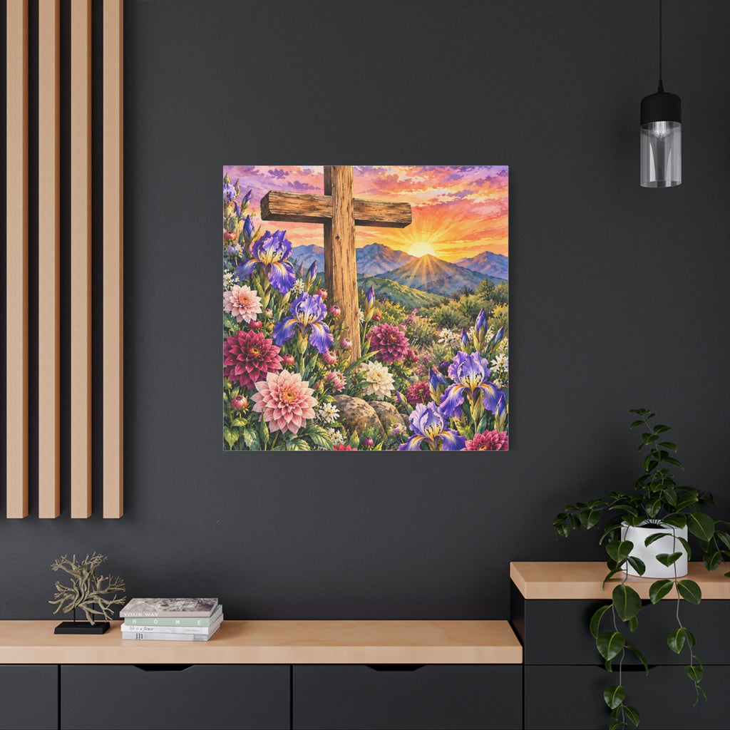 Sunrise Cross Canvas Wall Art — Floral Christian Decor