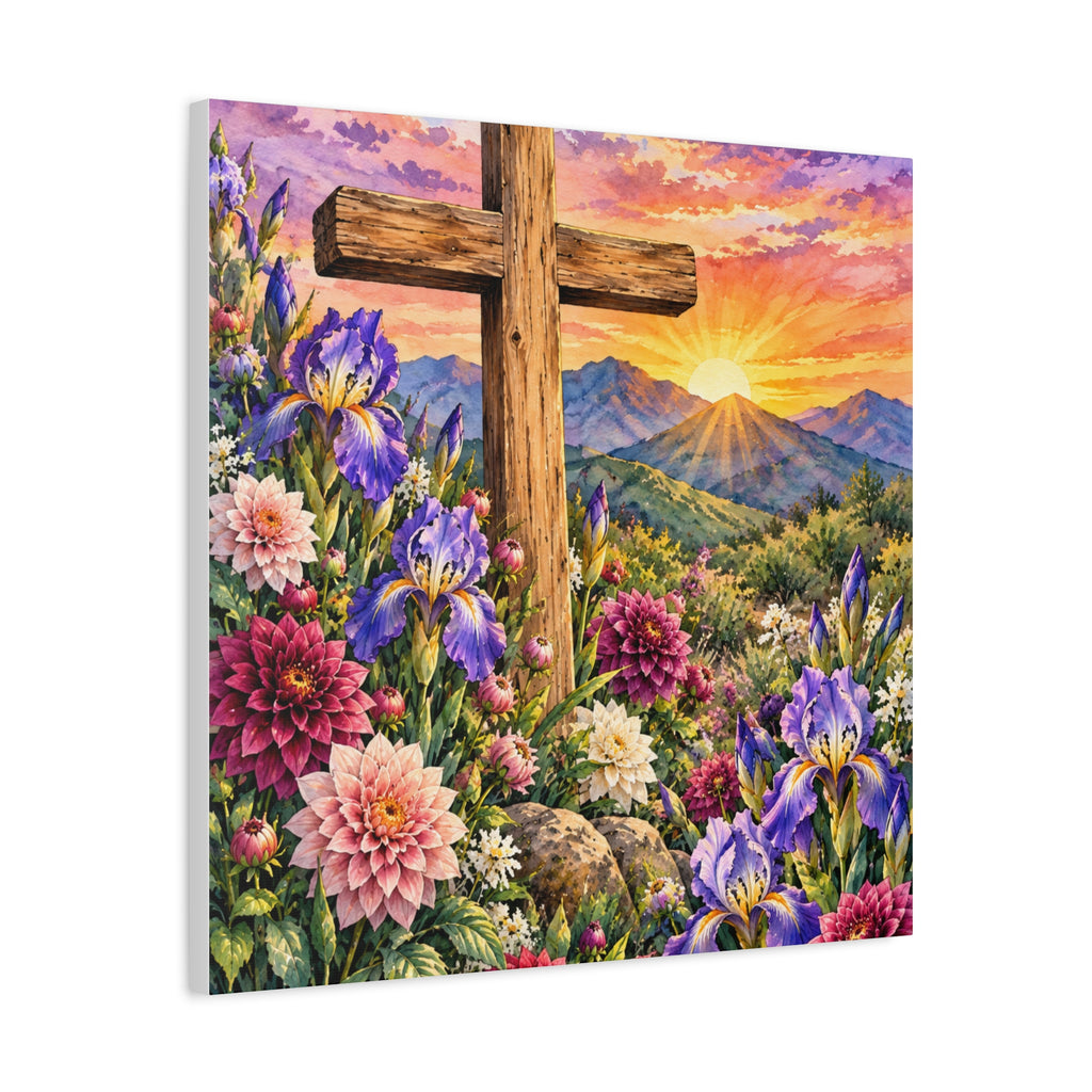 Sunrise Cross Canvas Wall Art — Floral Christian Decor