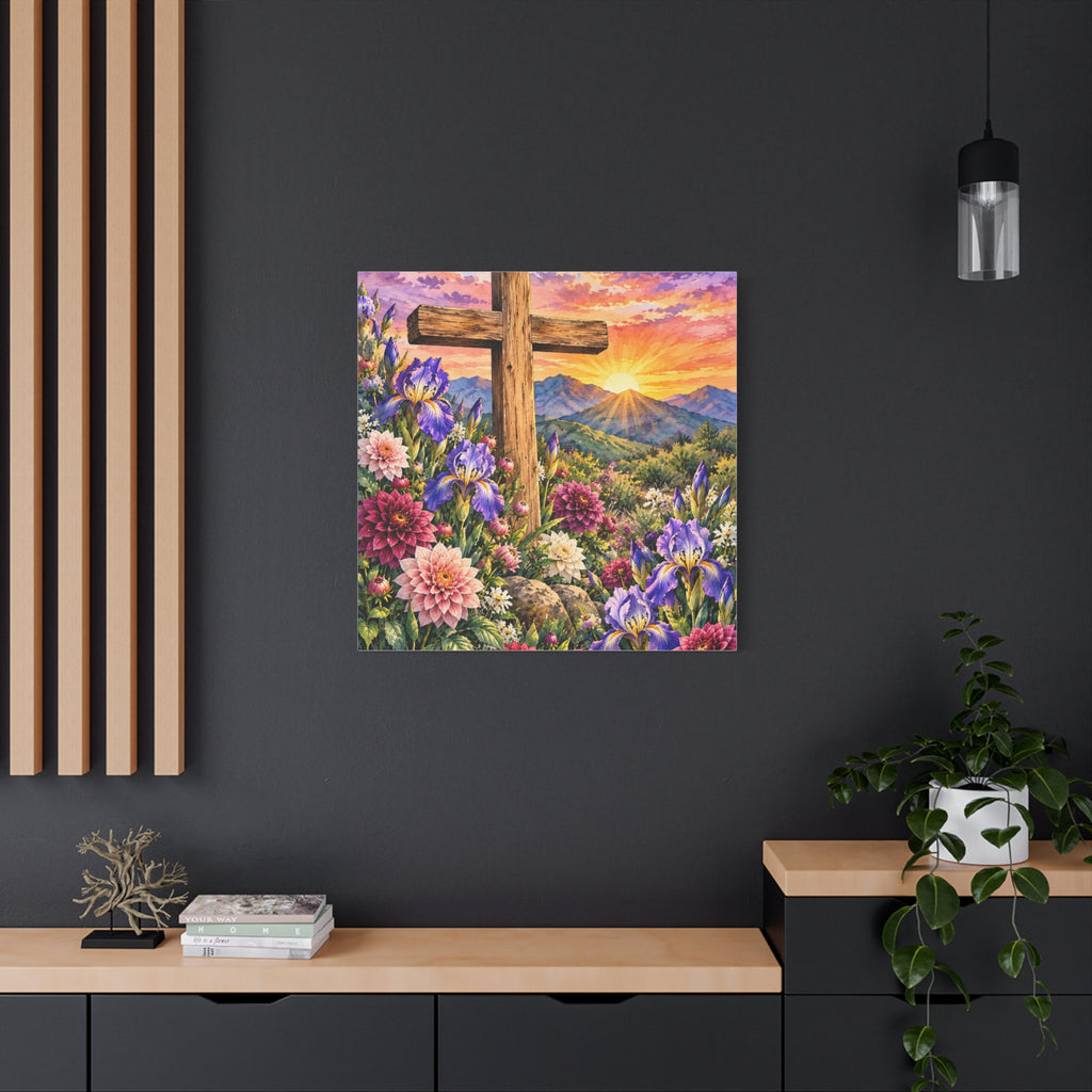 Sunrise Cross Canvas Wall Art — Floral Christian Decor