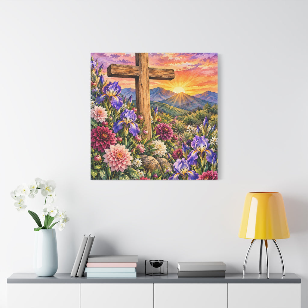 Sunrise Cross Canvas Wall Art — Floral Christian Decor
