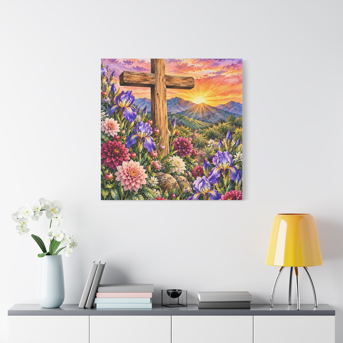 Sunrise Cross Canvas Wall Art — Floral Christian Decor