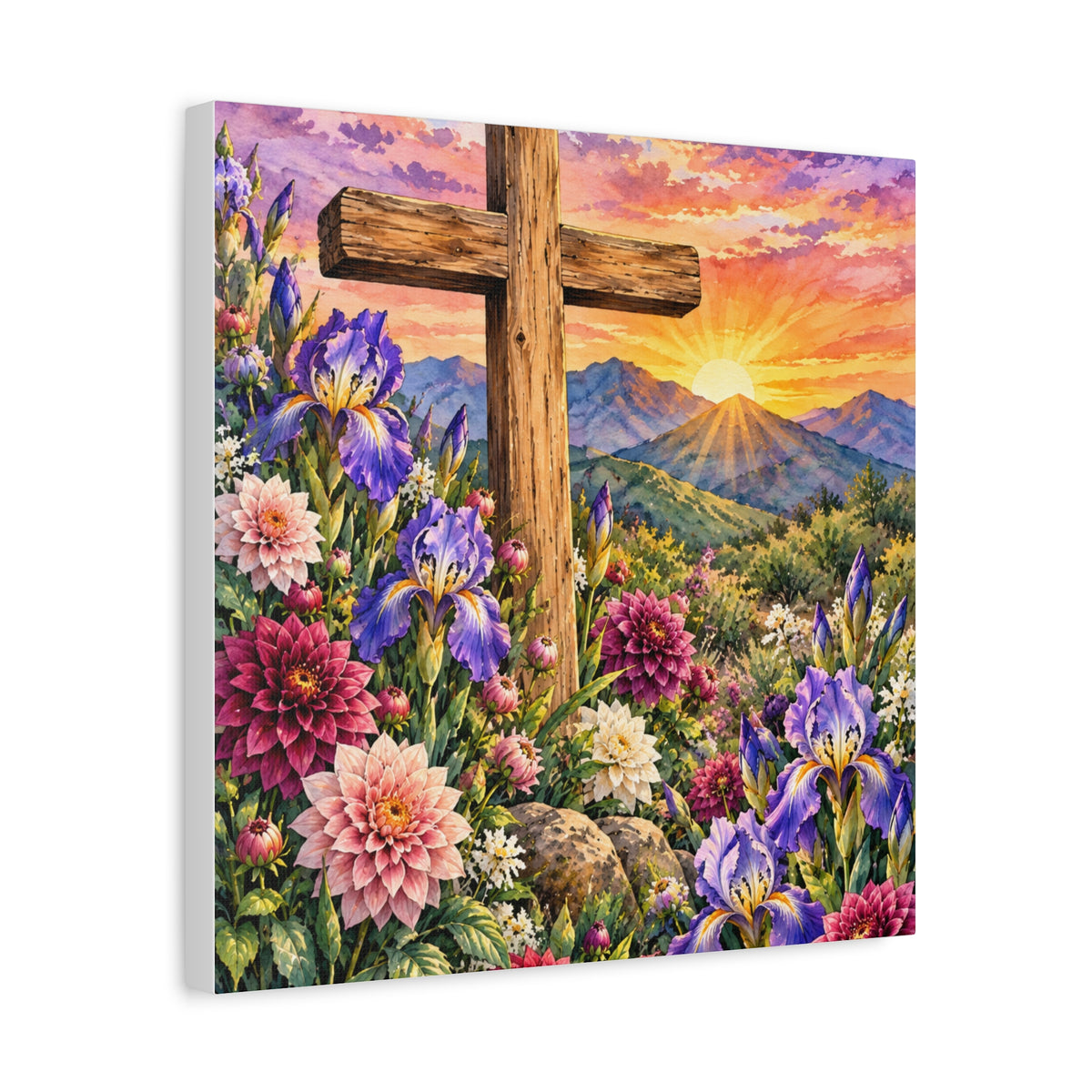 Sunrise Cross Canvas Wall Art — Floral Christian Decor