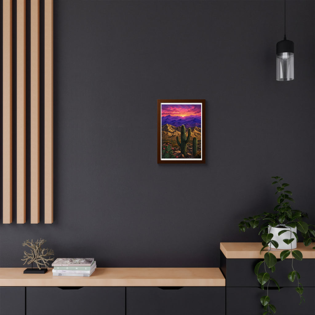 Desert Sunset Framed Poster — Saguaro Cactus Landscape Wall Art