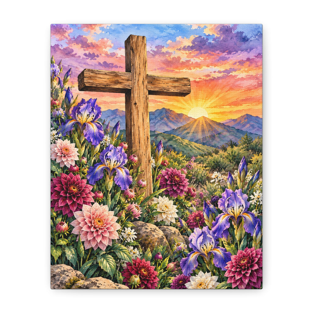 Sunrise Cross Canvas Wall Art — Floral Christian Decor