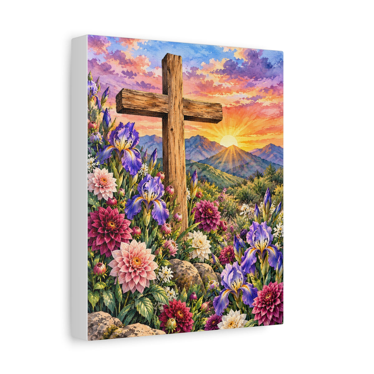 Sunrise Cross Canvas Wall Art — Floral Christian Decor