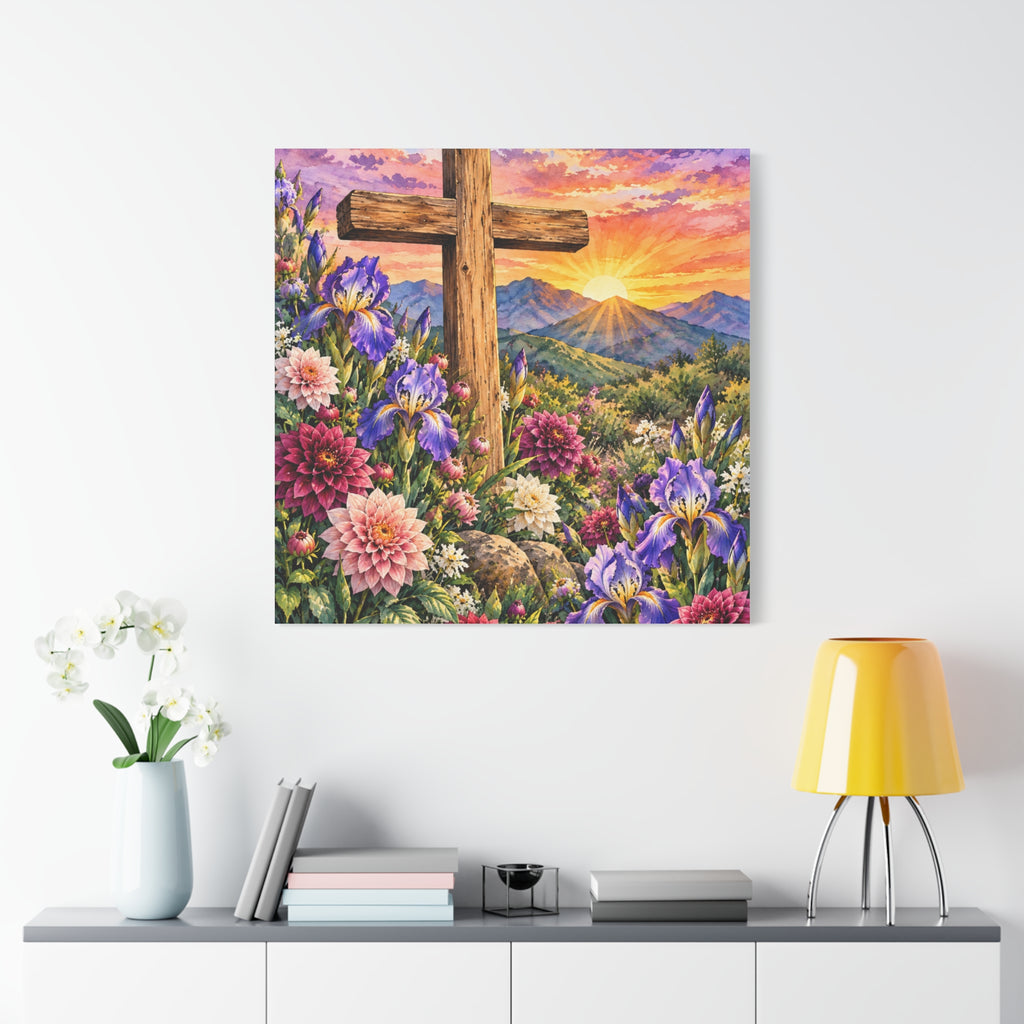 Sunrise Cross Canvas Wall Art — Floral Christian Decor