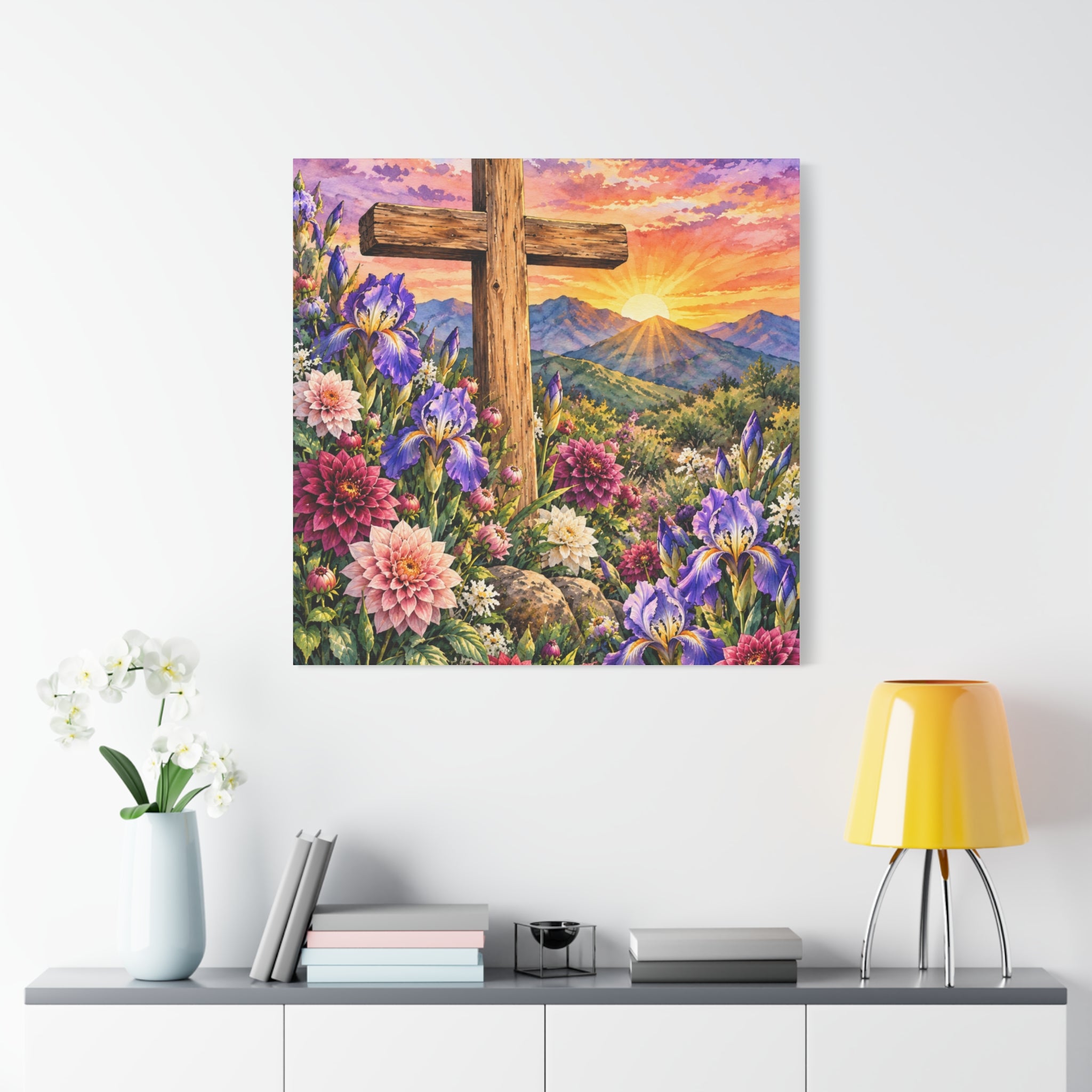 Sunrise Cross Canvas Wall Art — Floral Christian Decor