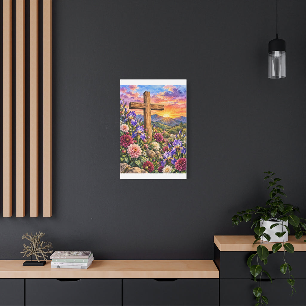Sunrise Cross Canvas Wall Art — Floral Christian Decor