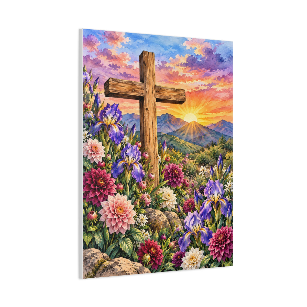 Sunrise Cross Canvas Wall Art — Floral Christian Decor