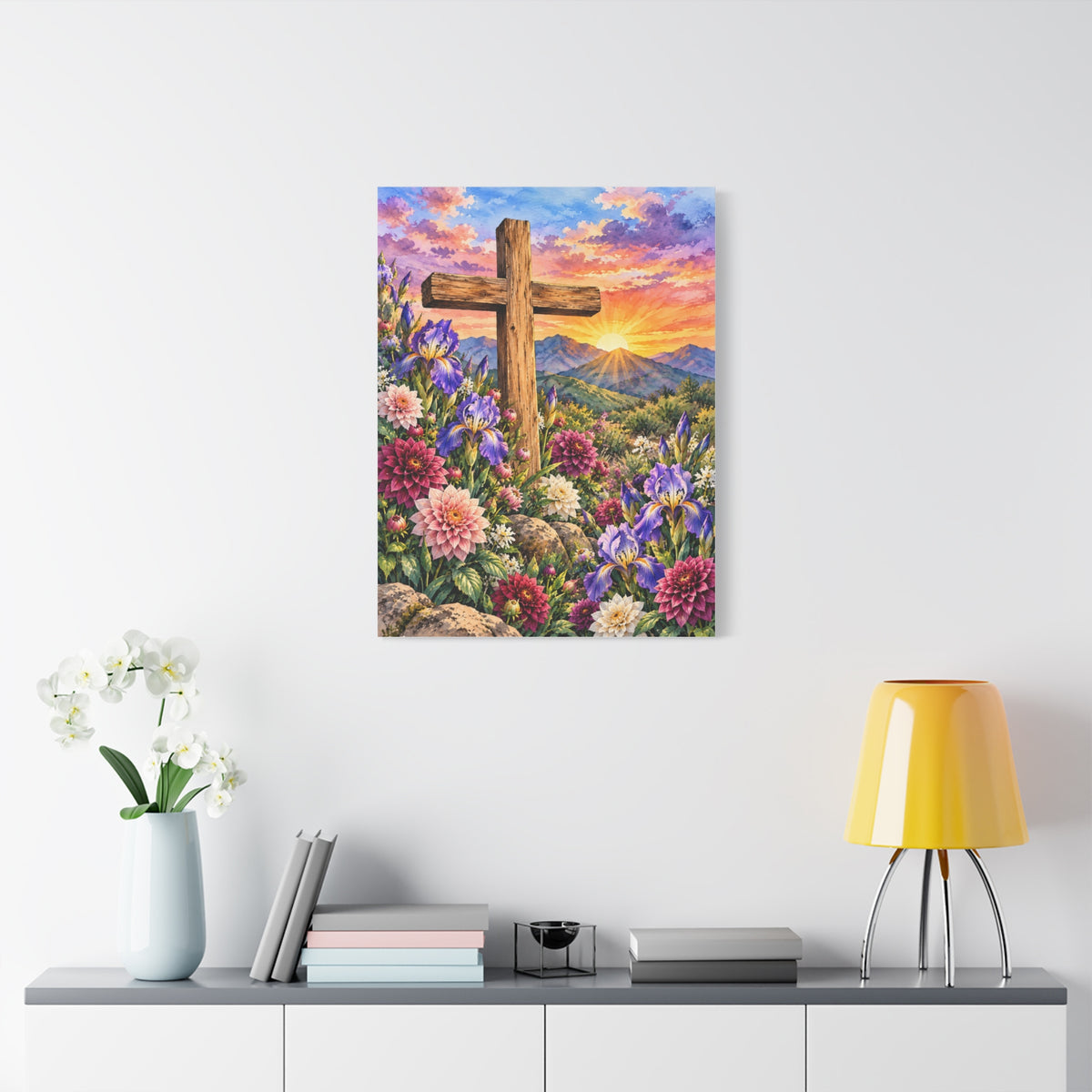 Sunrise Cross Canvas Wall Art — Floral Christian Decor