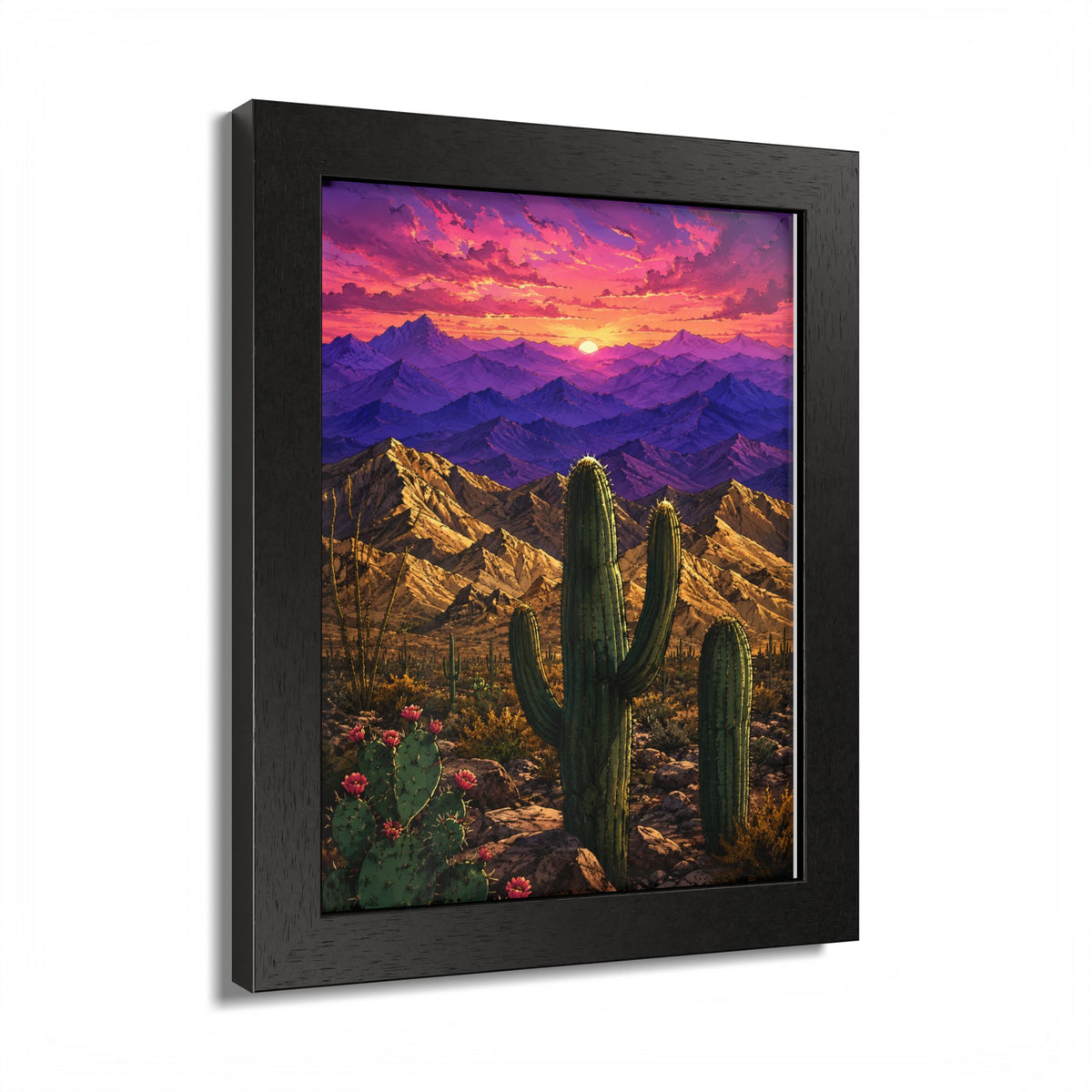 Desert Sunset Framed Poster — Saguaro Cactus Landscape Wall Art