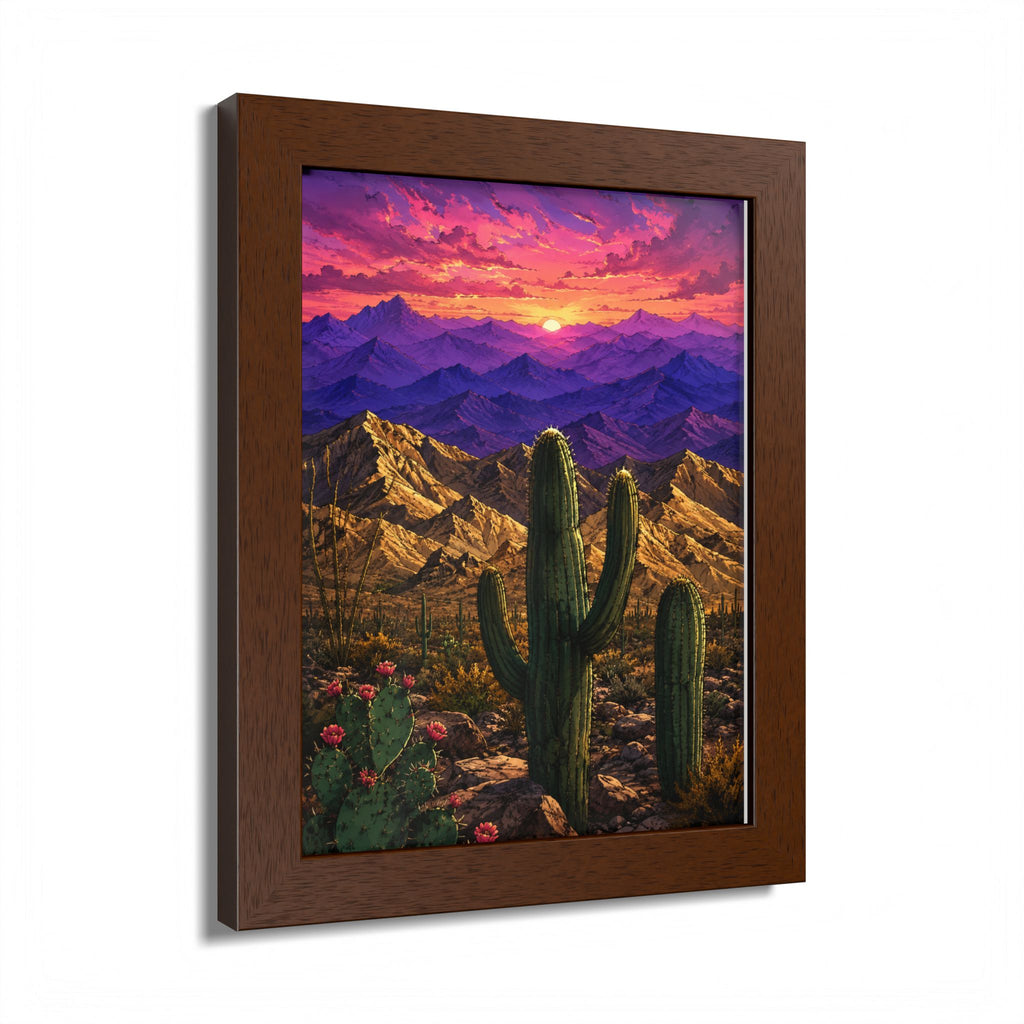 Desert Sunset Framed Poster — Saguaro Cactus Landscape Wall Art