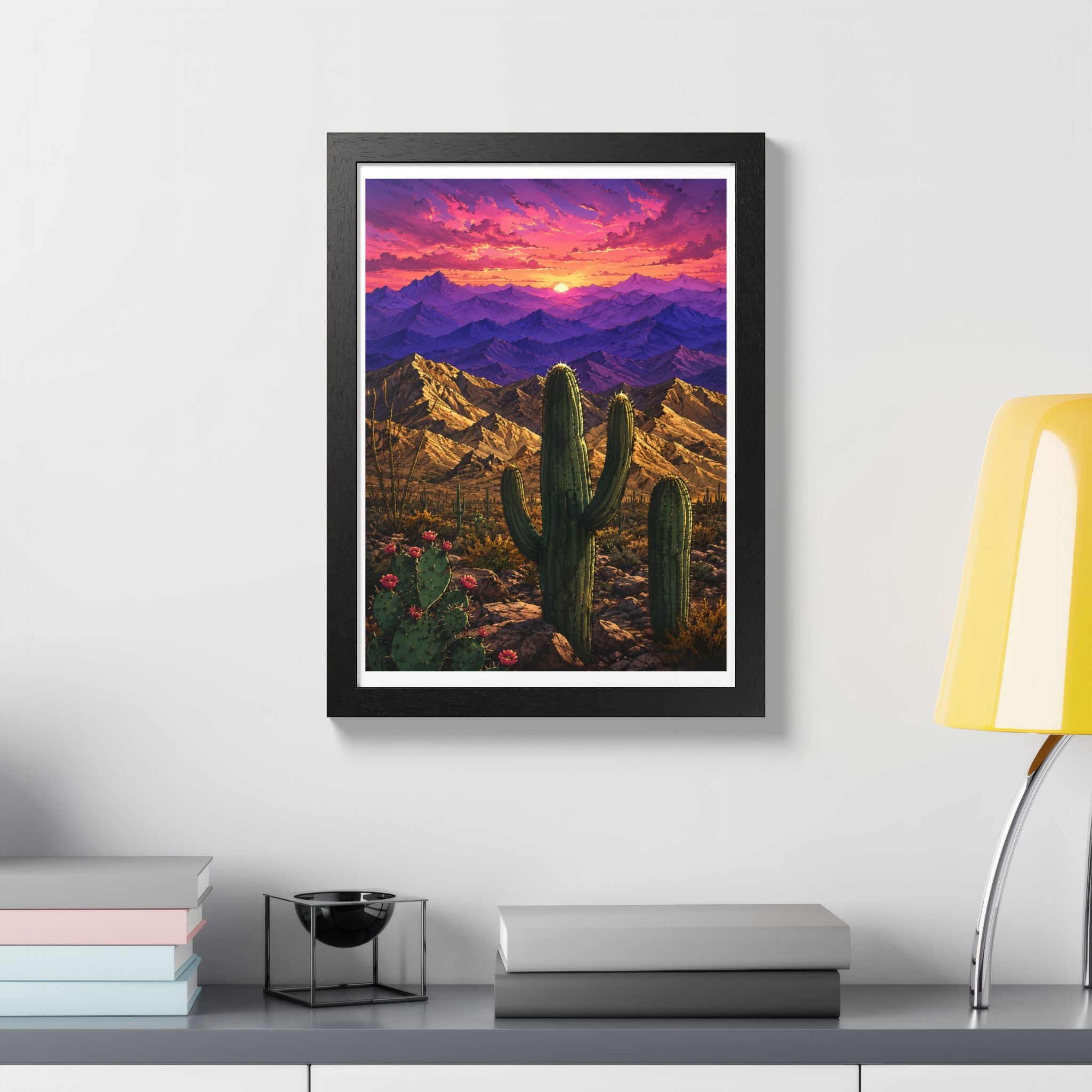 Desert Sunset Framed Poster — Saguaro Cactus Landscape Wall Art